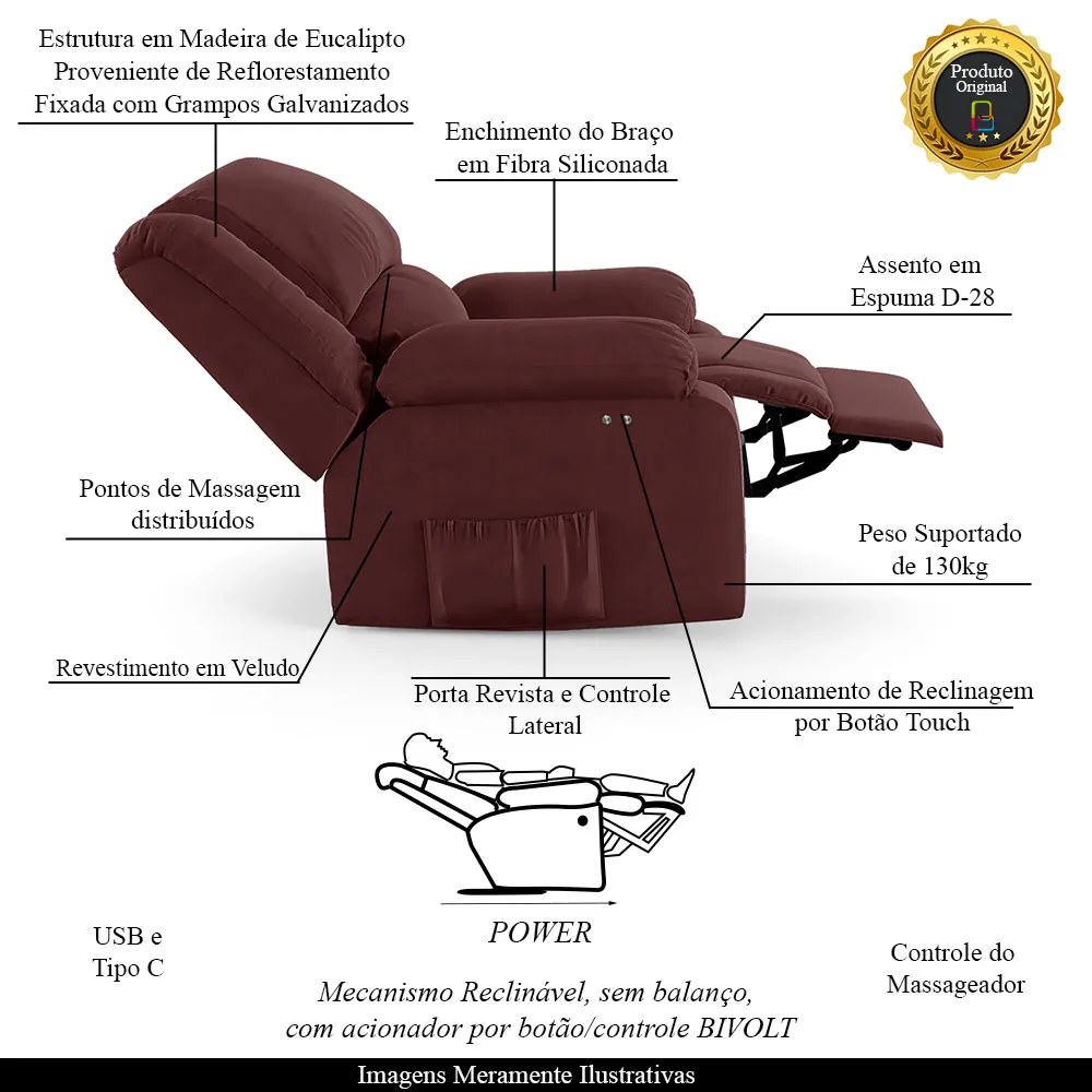 Poltrona do Papai Reclinável Sala de Cinema Madrid Power Touch Massagem USB Veludo Vinho  G23