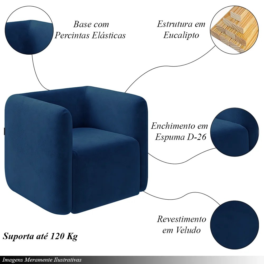 Poltrona Decorativa Sala de Estar Trinidad Base Fixa Veludo Azul Marinho G33 - Gran Belo