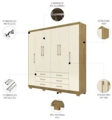 Guarda Roupa Casal 223cm 6 Portas Canadá Nature/Champanhe - Vila Rica