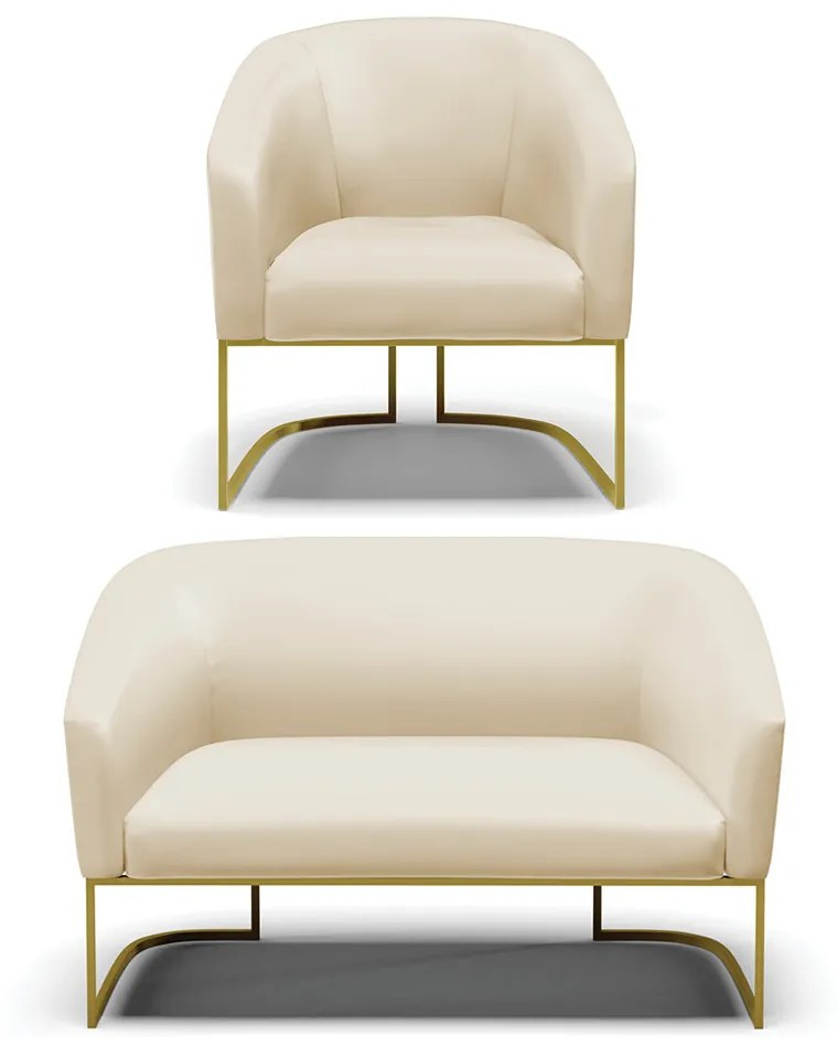 Sofá Namoradeira e Poltrona Base Industrial Dourado Stella Sintético D03 - D'Rossi - Bege