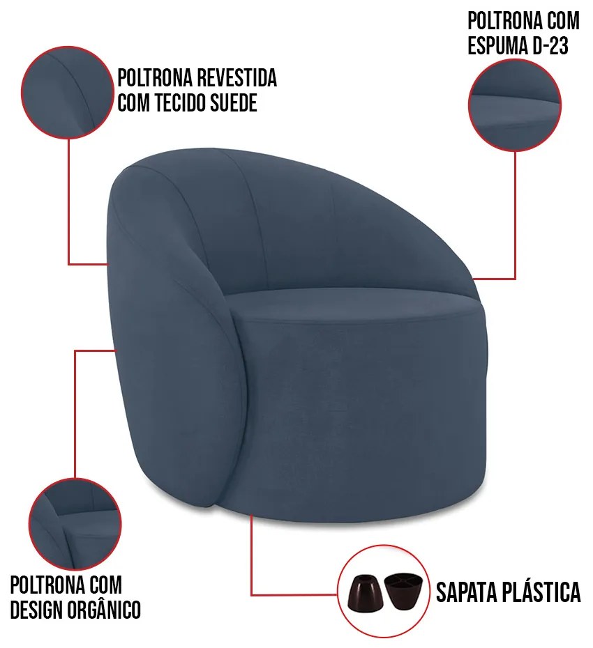 Poltrona Decorativa Orgânica Kit 2 Lua Suede Azul Mar D03 - D'Rossi