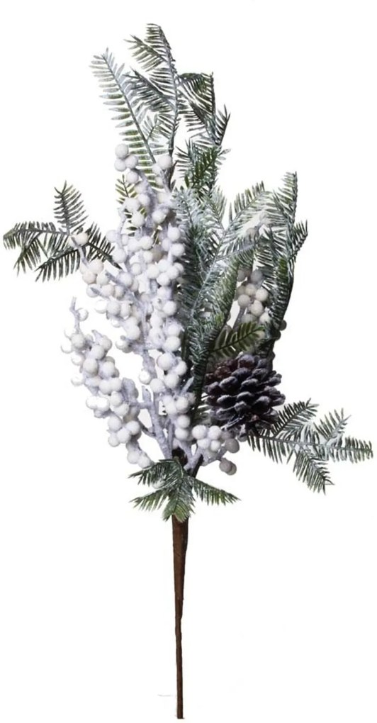 Galho artificial decoração natal nevado frutas pinhas verde