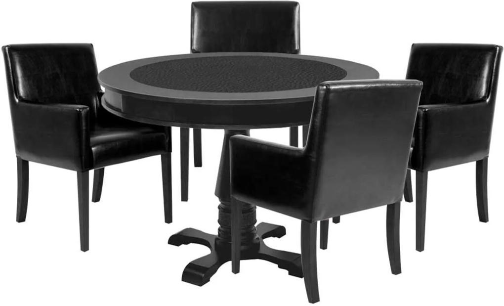 Mesa de Jogos Carteado Redonda Victoria Tampo Reversível Preto com 4 Cadeiras Liverpool Corino Preto Liso - Gran Belo