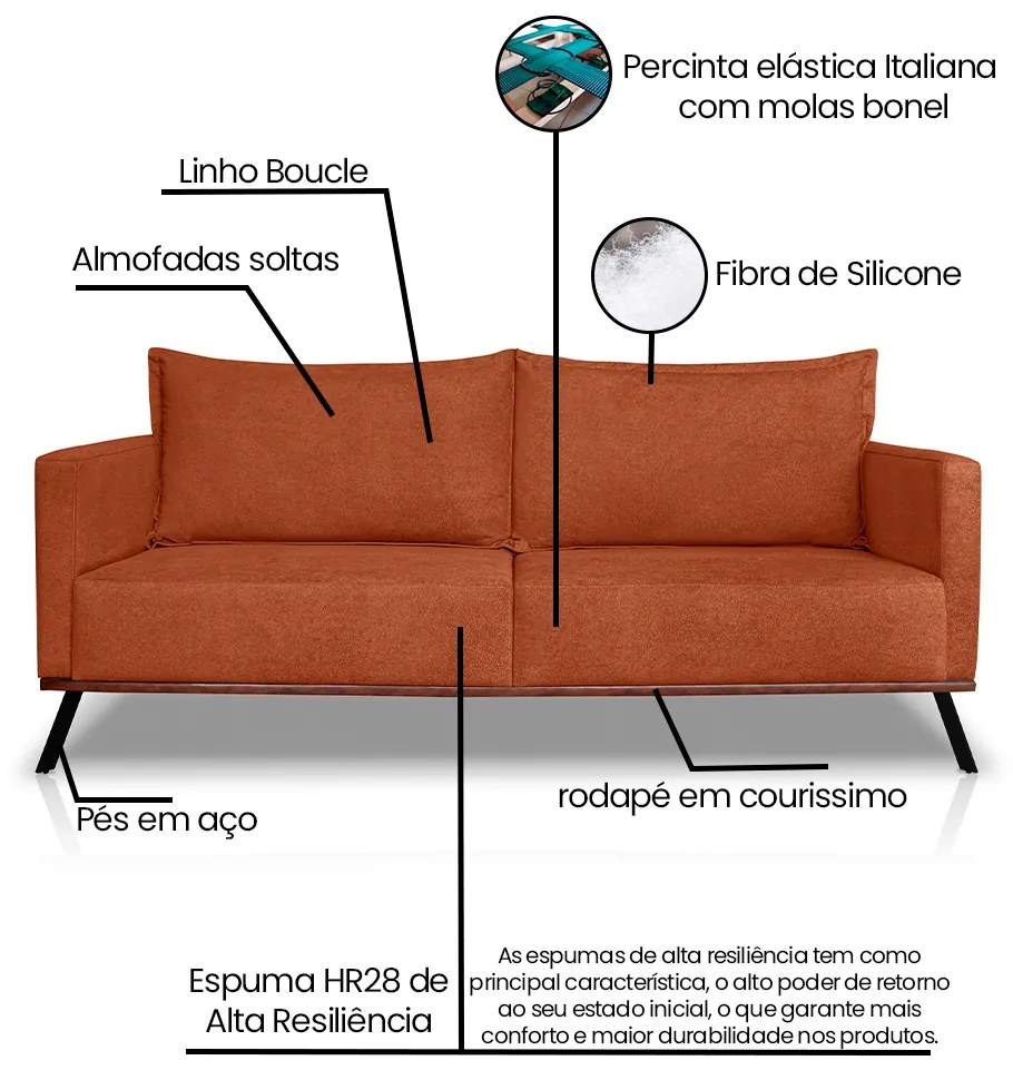 Sofá Living 2 Lugares com Pés de Ferro Almofadas Soltas 180cm Saiph Bouclê Terracota G63 - Gran belo