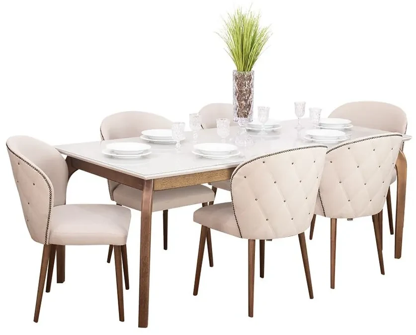 Conjunto Mesa Jantar com 06 Cadeiras Diamante RV Móveis Cinamomo/Off  White/Pena Caramelo