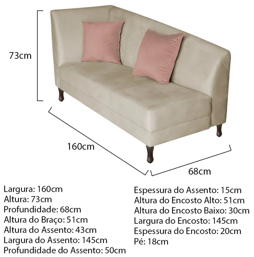 Divã Recamier Heitor 160cm com Almofada Lado Direito Suede - ADJ Decor