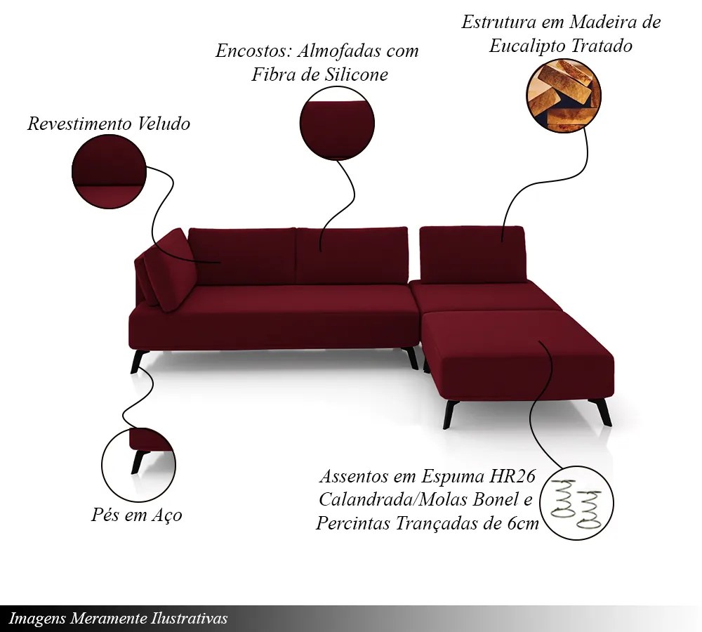 Sofá de Canto Modulado 262cm Sabrina Pés em Aço com Puff Veludo Bordô G52 - Gran Belo