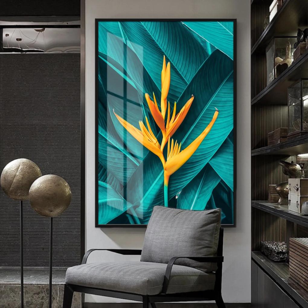 Quadro 150x100cm Abstrato Tropical Folhas e Flores Vidro Cristal e Moldura Preta Decorativo Interiores - Oppen House