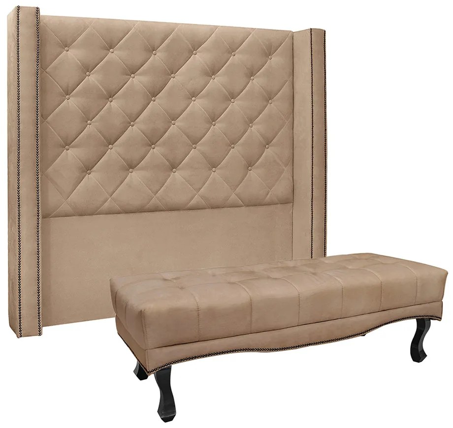 Cabeceira Cama Box Solteiro 90cm e Recamier Vicenza Suede Bege S04 - D'Rossi