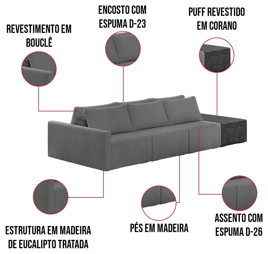 Sofá Ilha 3 Lugares Living 402cm Modulado Sala Lary Bouclê Cinza/PU Pto K01 - D'Rossi