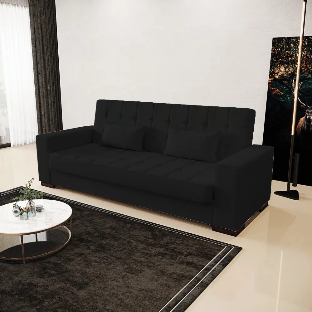 Sofá Cama Casal 3 Lugares 210cm Lisboa Linho  D03 - D'Rossi - A79 Preto
