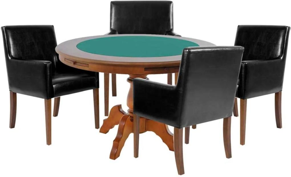 Mesa de Jogos Carteado Redonda Montreal Tampo Reversível Amêndoa com 4 Cadeiras Liverpool Corino Preto Liso - Gran Belo