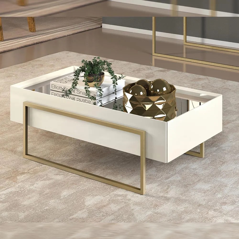 Mesa de Centro Decorativa com Espelho no Tampo Jasper Off White/Dourado G18 - Gran Belo
