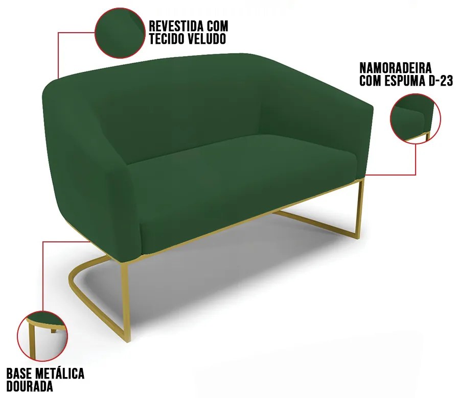 Sofá 2 Lugares Namoradeira Industrial Dourado Stella Veludo D03 - D'Rossi - Verde