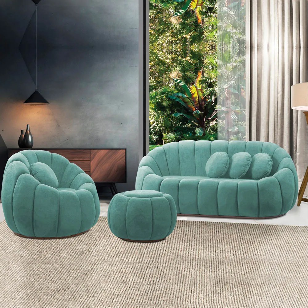 Sofá 2 Lugares com Puff e Poltrona Giratória Orgânica Cloud Bouclê E03 - D'Rossi - Azul Turquesa