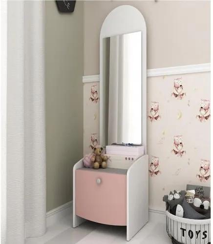Mesa de Cabeceira Infantil Imaginação com Espelho - Branco/Rosa/Cinza