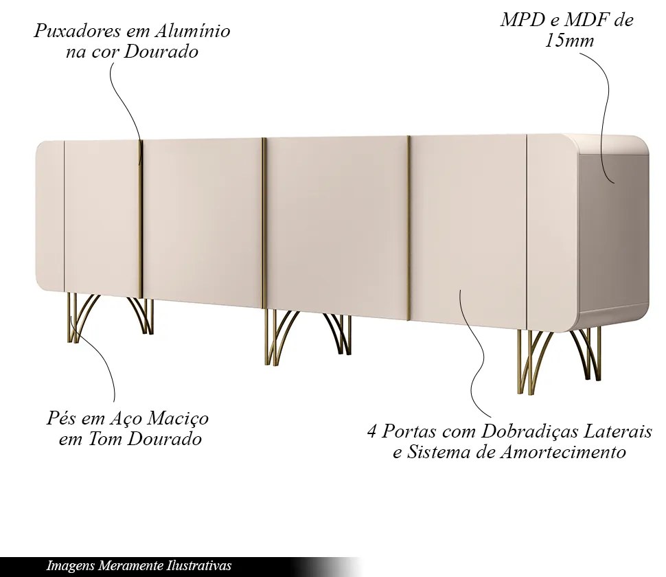 Buffet Decorativo com Puxadores em Alumínio Pés Aço Maciço Virginia Off White G26 - Gran belo