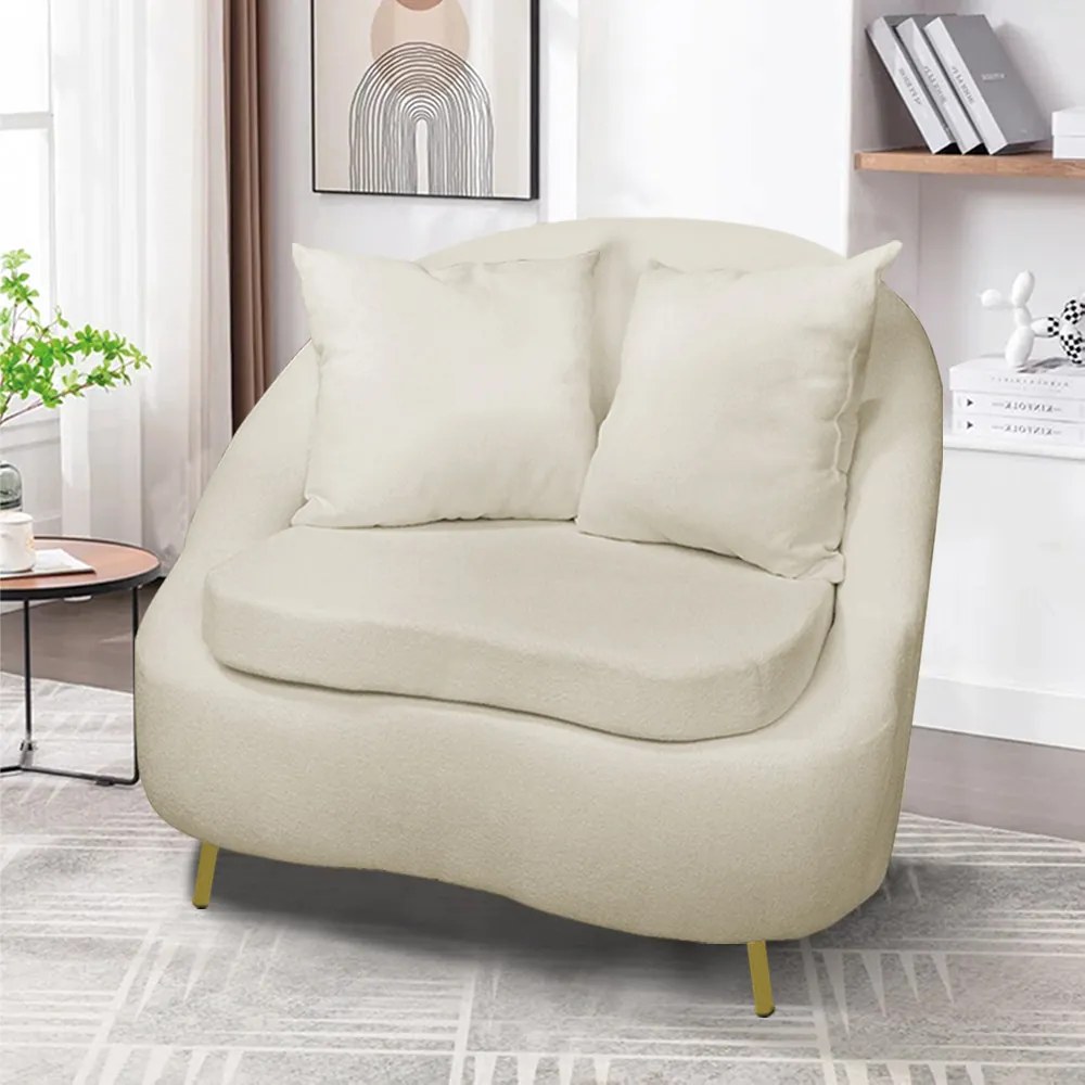 Poltrona Decorativa Orgânica Pé Ferro Dourado Zaya Bouclê Bege C05 - D'Rossi