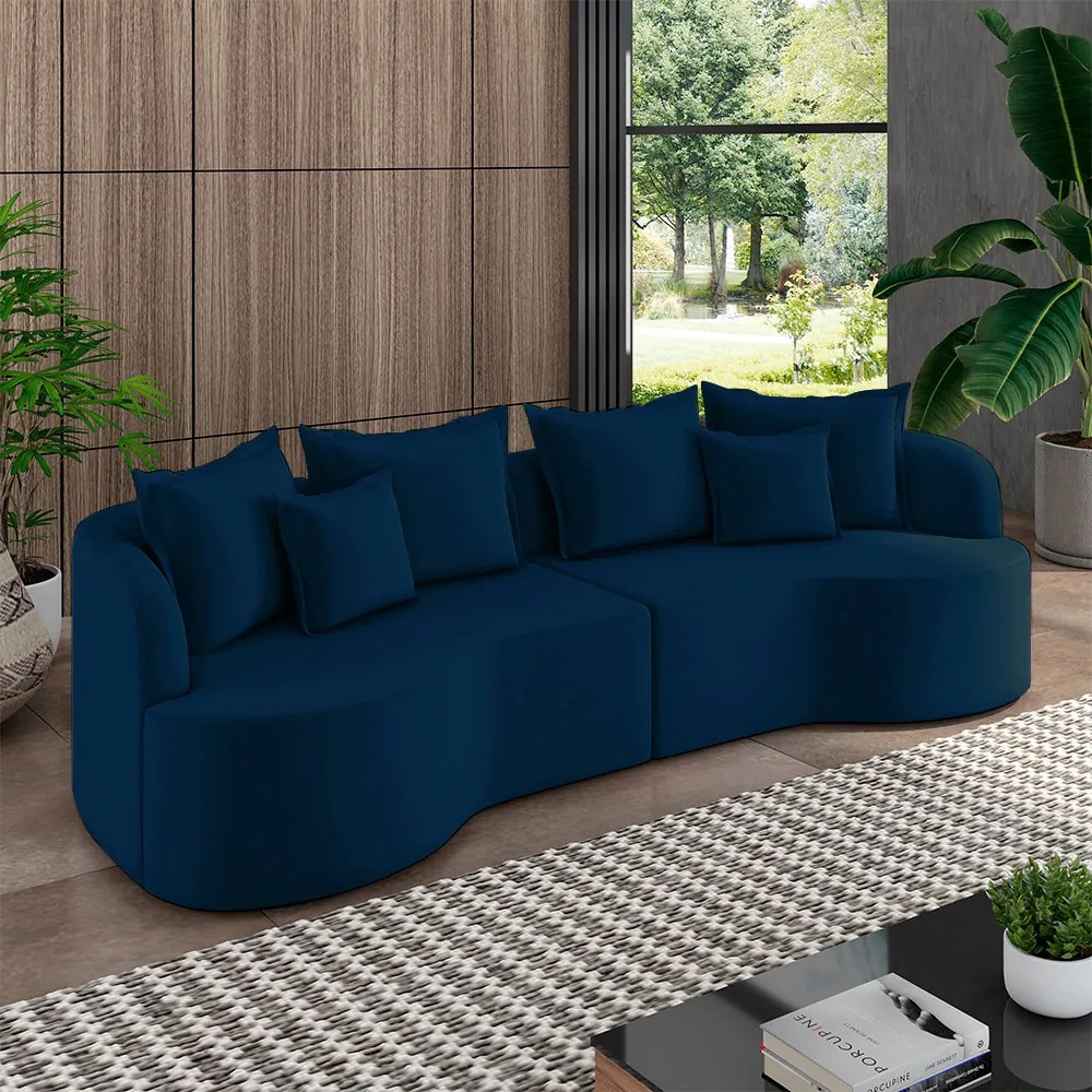 Sofá Living Decorativo Salinas 4 Lugares com Almofadas 290cm Modulado Veludo Azul G33 - Gran Belo