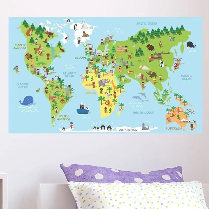Adesivo Mapa Mundi Ilustrativo Infantil Em Inglês