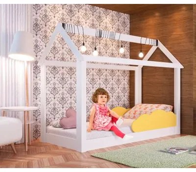 Cama Infantil Montessoriana Branca com Nuvem Amarela BY401 Completa Móveis