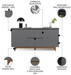 Buffet Aparador para Sala de Jantar 163cm Flow Cinza - EJ Móveis