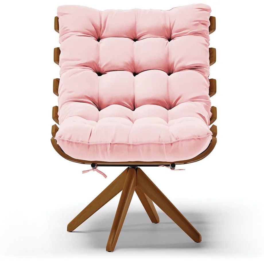 Poltrona Giratória Costela Suede Rosa bebê Base de Madeira MA30 M11 - D'Rossi
