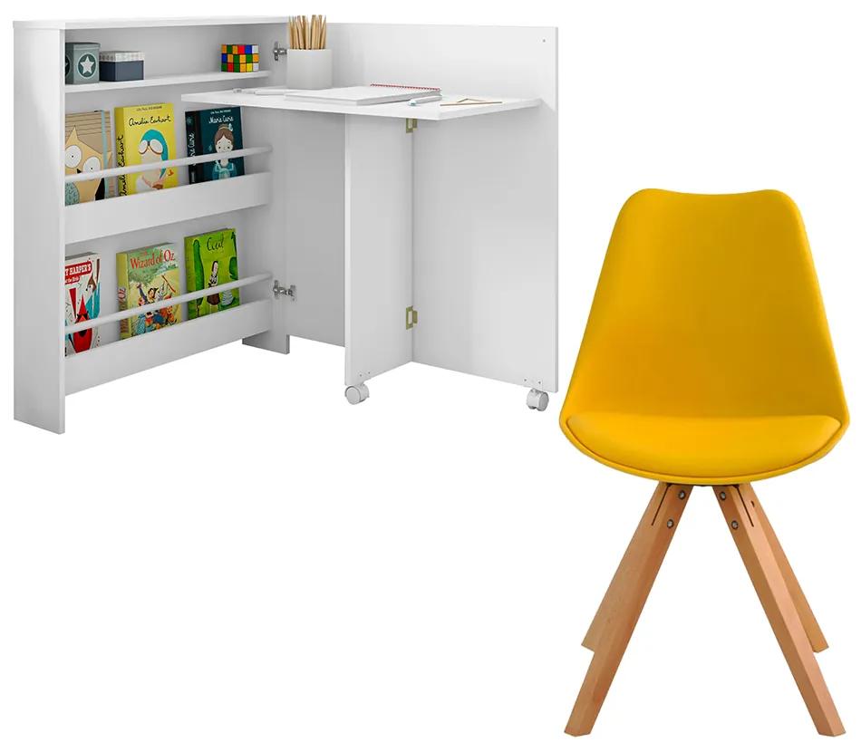 Conjunto Escrivaninha Ariana Dobrável Multifuncional e 1 Cadeira Neo Branca/Amarela G46 G56 - Gran Belo