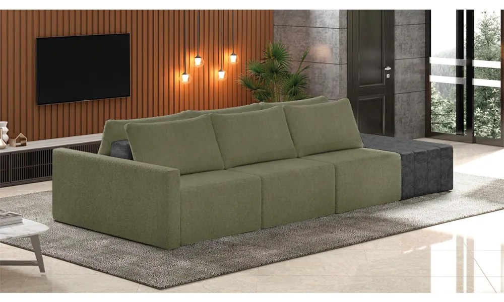 Sofá Ilha 3 Lugares Living 342cm Modulado Sala Lary Bouclê Verde/PU Pto K01 - D'Rossi