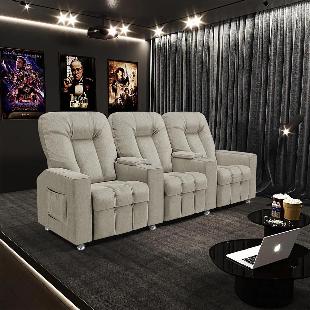 Poltrona Reclinável 3 lugares para Sala de Cinema Pequim Linho Bege G23 - Gran Belo