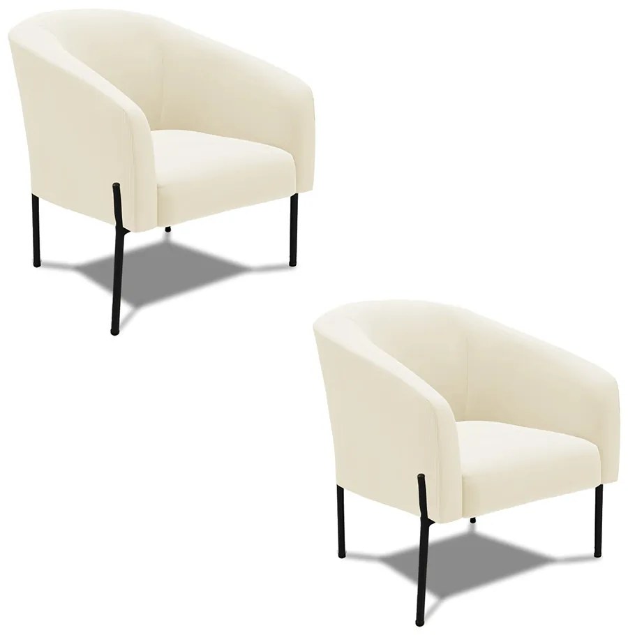 Poltrona Decorativa Pé de Ferro Preto Kit 2 Stella Cotelê Ext/Veludo D03 - D'Rossi - Off White