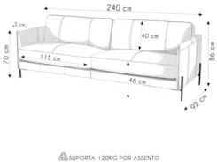 Sofá 3 Lugares Sala Living 240cm Bliss L08 Sintético Gelo    - Mpozena