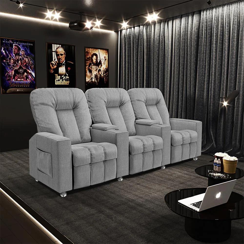 Poltrona Reclinável 3 lugares para Sala de Cinema Pequim Linho Cinza G23 - Gran Belo