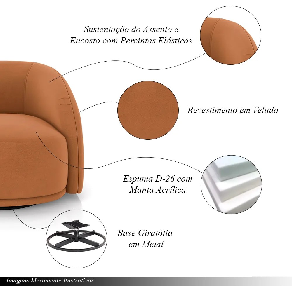 Kit 2 Poltronas Decorativas Jenny Base Giratória em Metal Preto Veludo Terracota G45 - Gran Belo