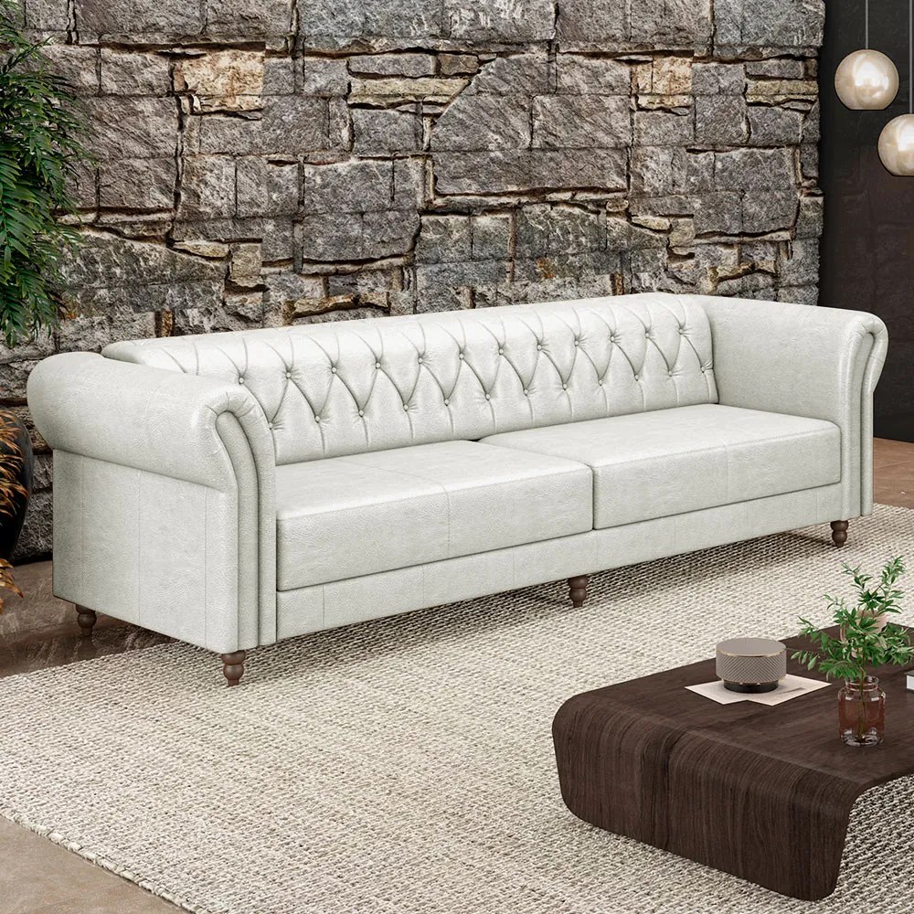 Sofá Living Sala de Estar Stanford Chesterfield 3 Lugares 240cm Pés de Madeira Couro Branco Manchado G58 - Gran Belo