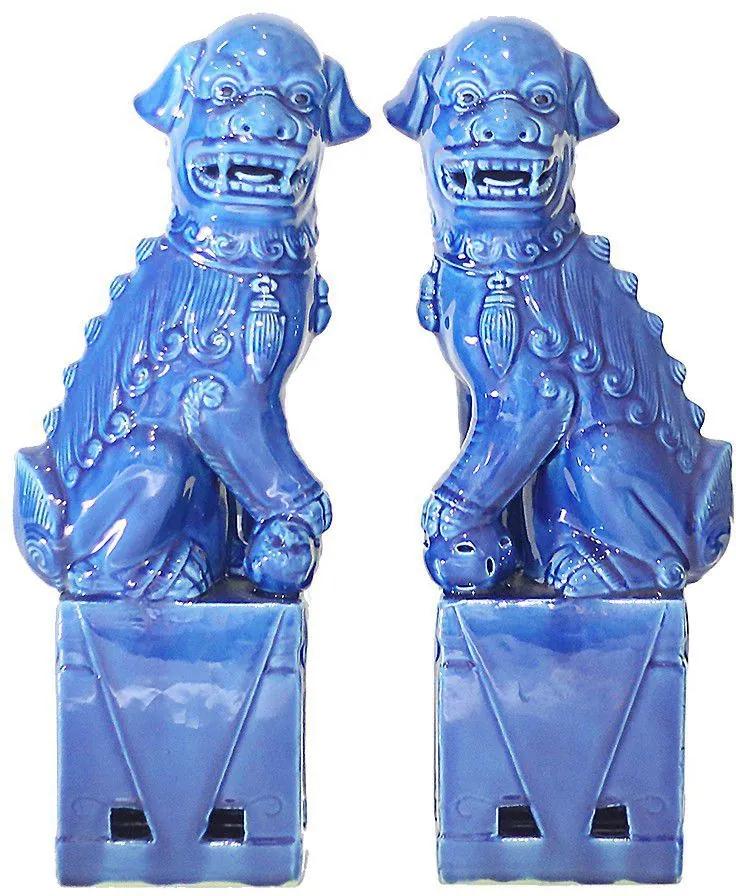 Estatueta Par de Leões Chineses em Porcelana Azul P