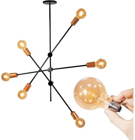 Kit Sputnik Spencer Preto com Cobre c/ 6 Lâmpadas Filamento de LED