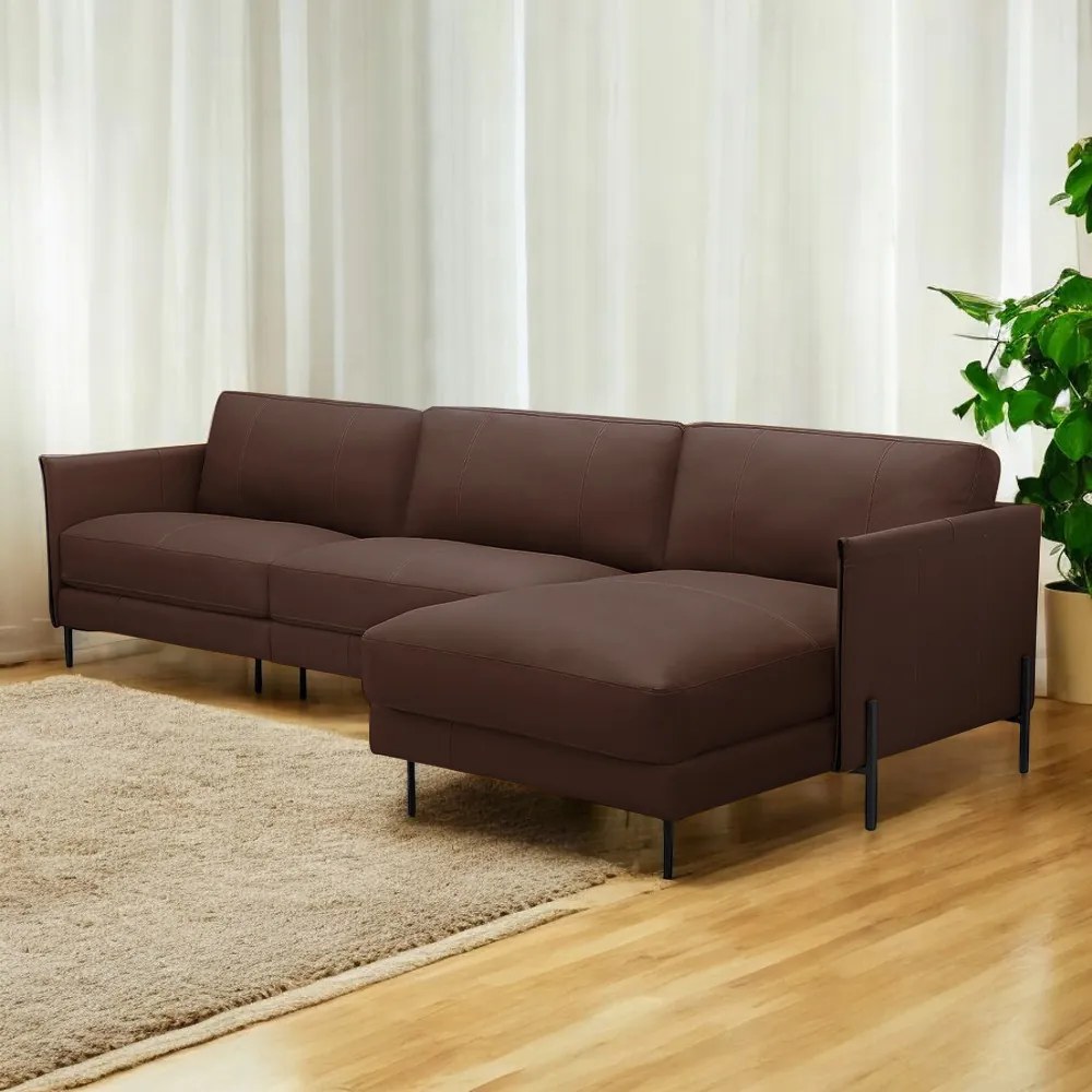 Sofá Decorativo Karine 5 Lugares Sala de estar 300cm com Chaise Pés em Aço Couro Marrom Chocolate G88 - Gran Belo