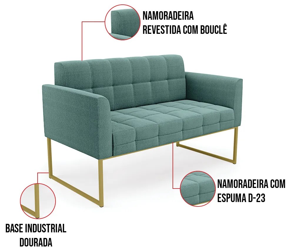 Namoradeira e 2 Poltronas Industrial Dourado Elisa Bouclê D03 - D'Rossi - Verde Menta