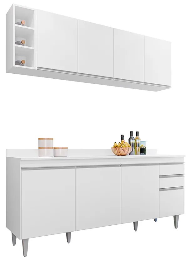 Conjunto Balcão de Cozinha com Tampo Apex Armário Aéreo MDP/BP Branco G96 - Gran Belo