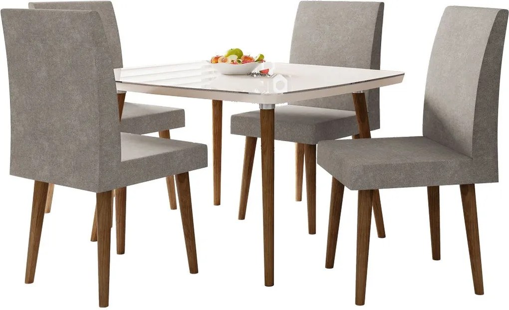 Mesa de Jantar com 4 Cadeiras Jade Pés Palito Off White com Pena Caramelo - RV Móveis