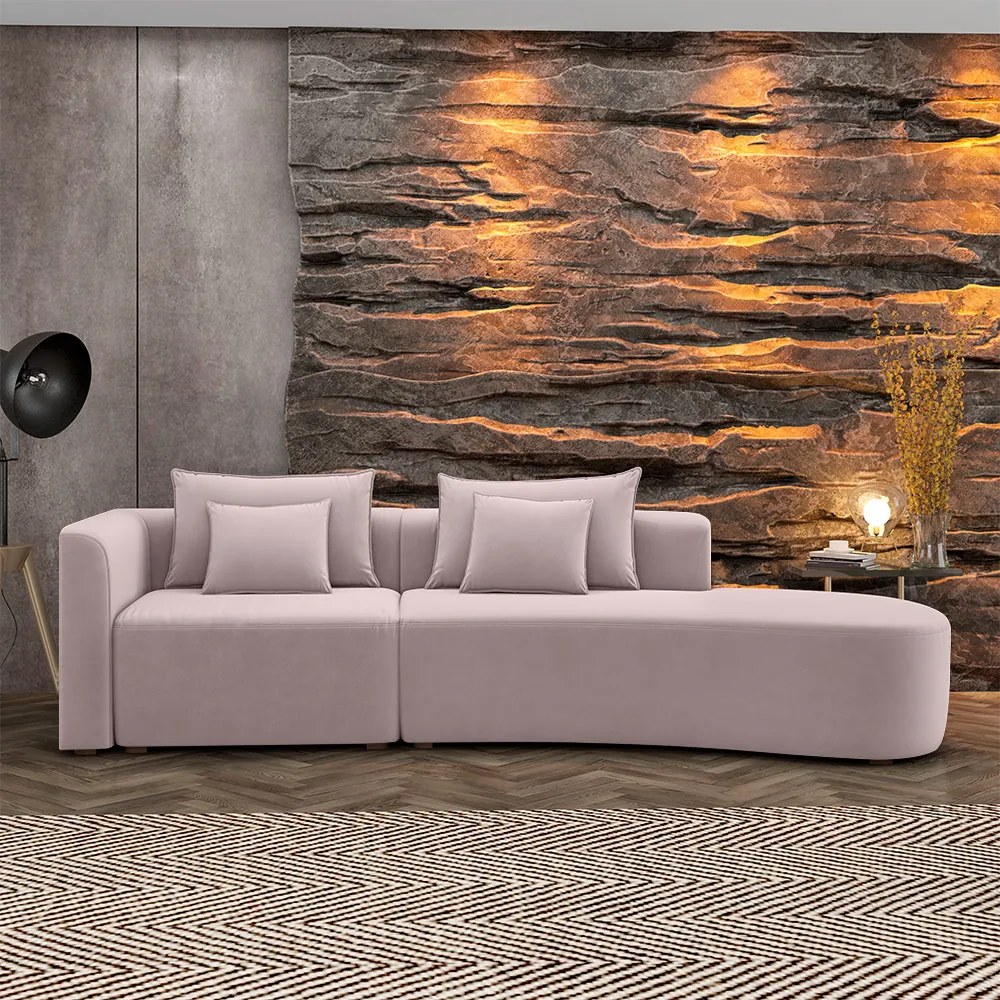 Sofá Curvo Decorativo Kimiko 287Cm 4 Lugares Sala de Estar com Chaise Veludo Rosê G52 - Gran Belo