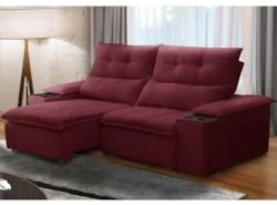 Sofá Retrátil 3 Lugares com Porta Copo 210cm Malta F05 Veludo Bordô -