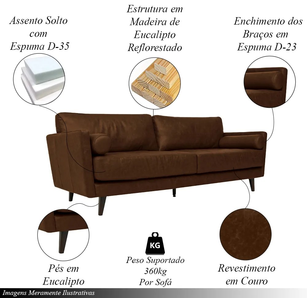 Sofá Decorativo Daemon 3 Lugares Sala de estar 212cm Pés em Eucalipto Couro Marrom Chocolate Manchado G40 - Gran Belo