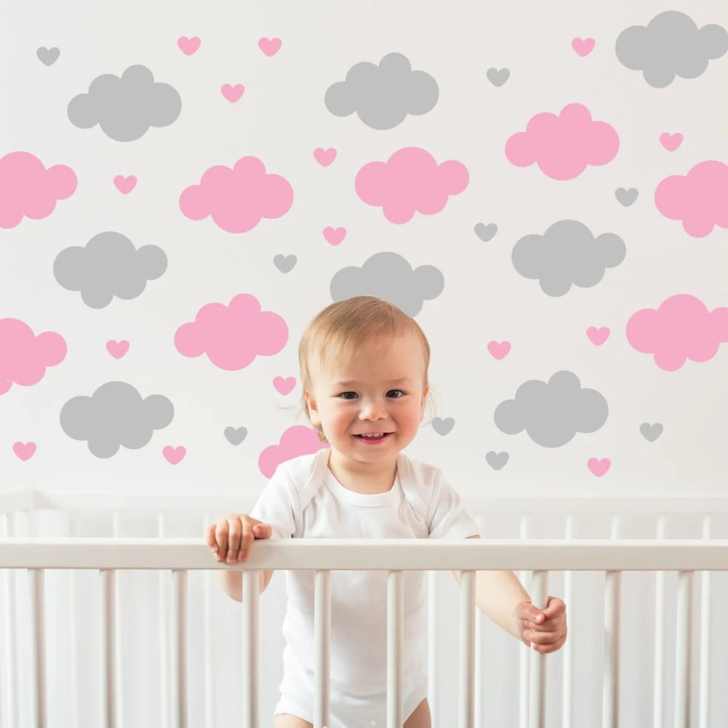 Adesivo de Parede Infantil Quartinhos Nuvens e Corações Colorido