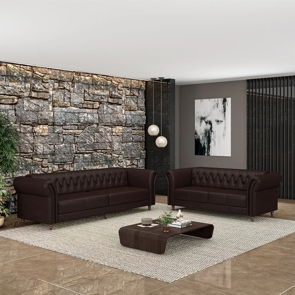 Conjunto de Sofá Sala de Estar Stanford Chesterfield 2 e 3 Lugares 200cm/260cm Pés Madeira Couro Wine Vinho G58 - Gran Belo