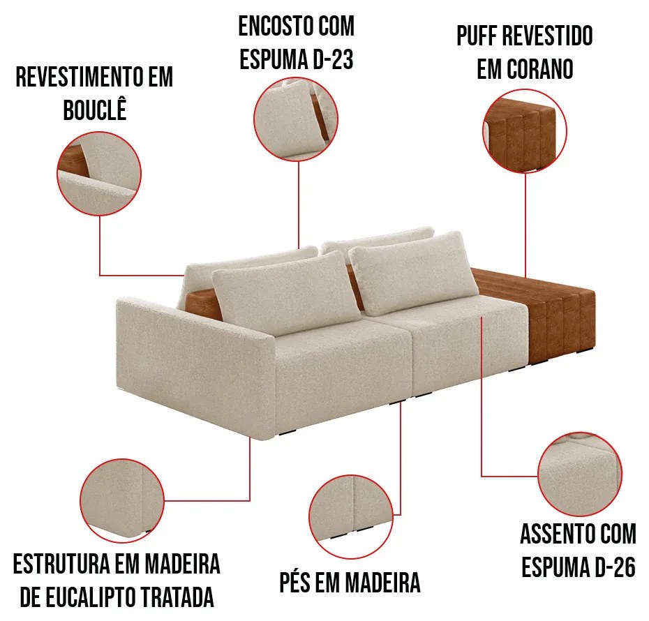 Sofá Ilha 2 Lugares Living 232cm Modulado para Sala Lary Bouclê Bege K01 - D'Rossi