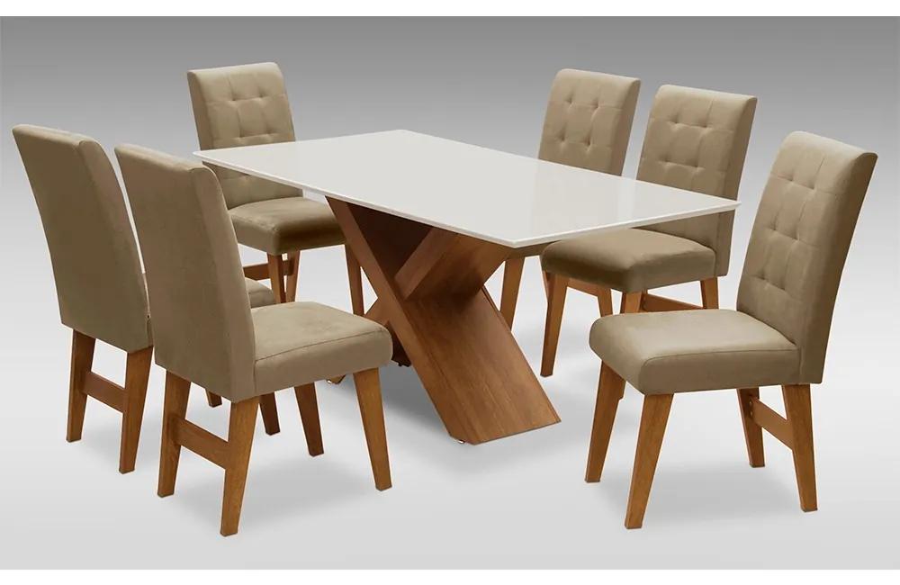 Conjunto Mesa de Jantar com 06 cadeiras Agata 180cm Cedro/Branco Off/Mascavo - ADJ DECOR