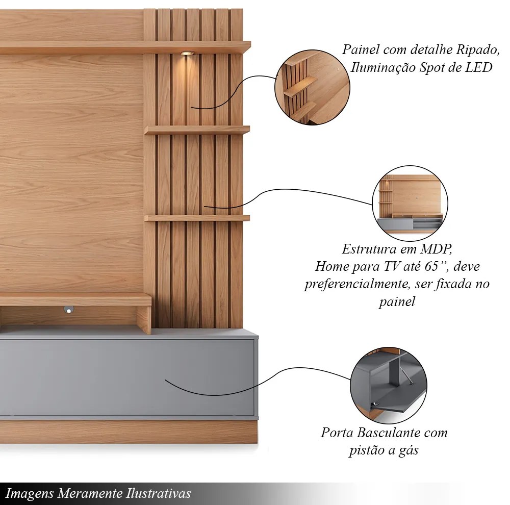 Home Estante Para TV 65 Pillar Detalhe Ripado e Nichos com Led Freijó/Cinza Fosco G73 - Gran Belo