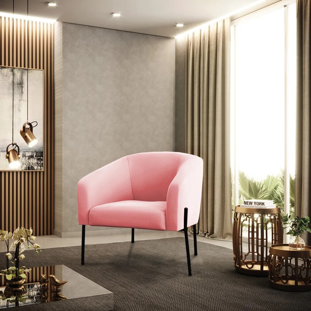 Poltrona Decorativa Pé de Ferro Preto Kit 2 Stella Suede D03 - D'Rossi - Rosa Bebê